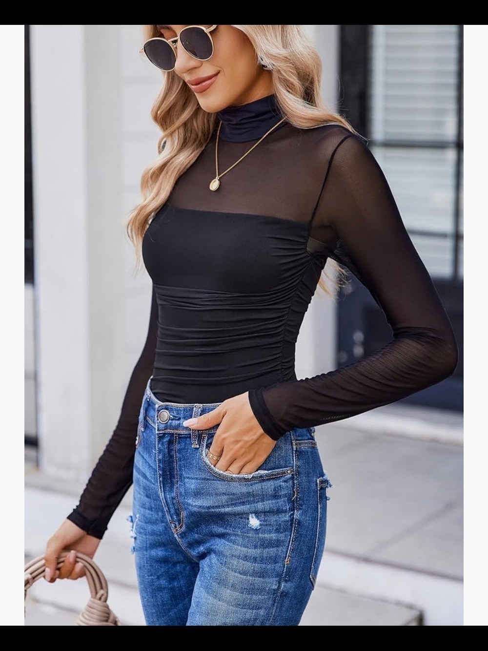 Sheer Black Long-Sleeve Mock Neck One Piece Leotard